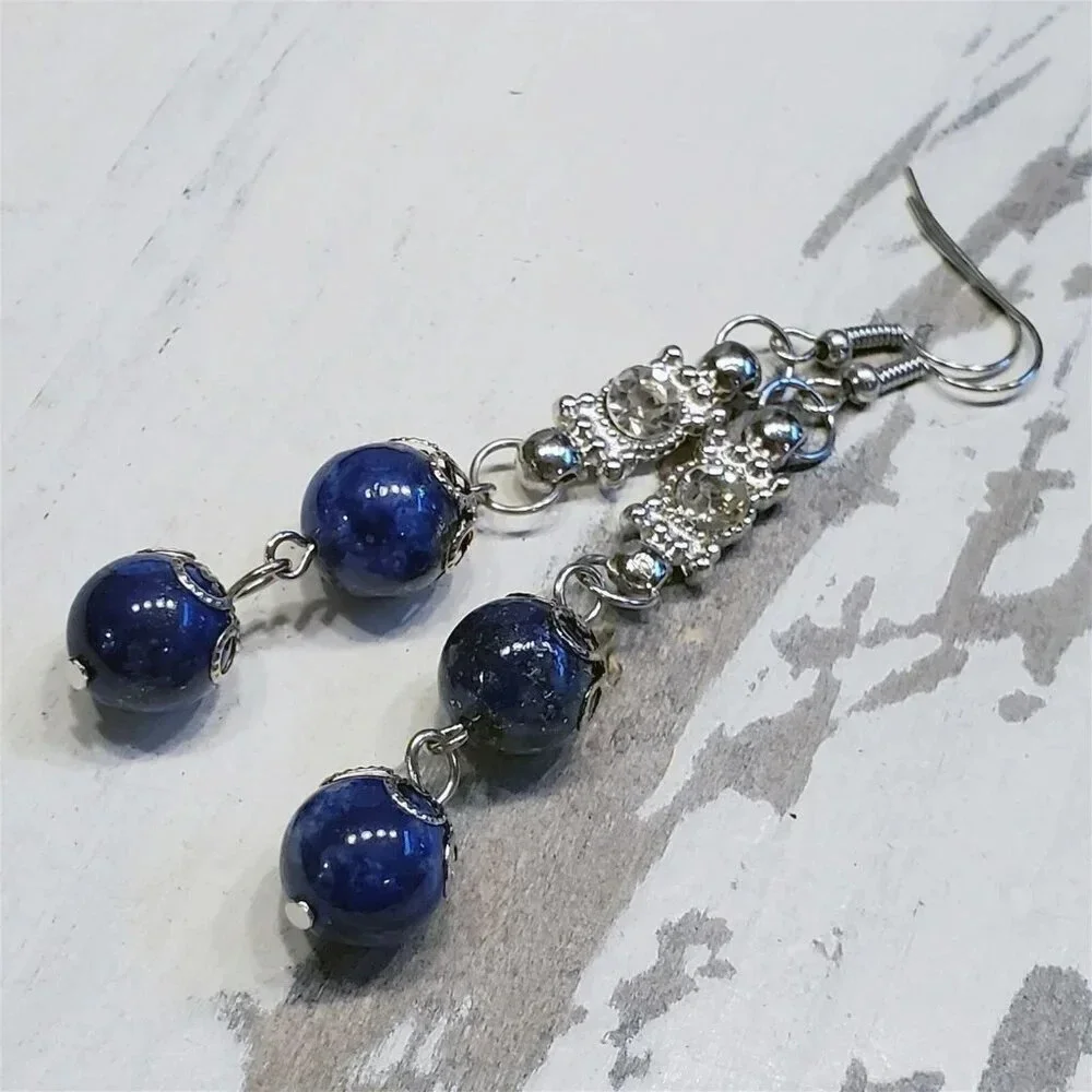 Handcrafted Lapis Lazuli Gemstone Lacy Silver Clear Crystal Dangle Earrings